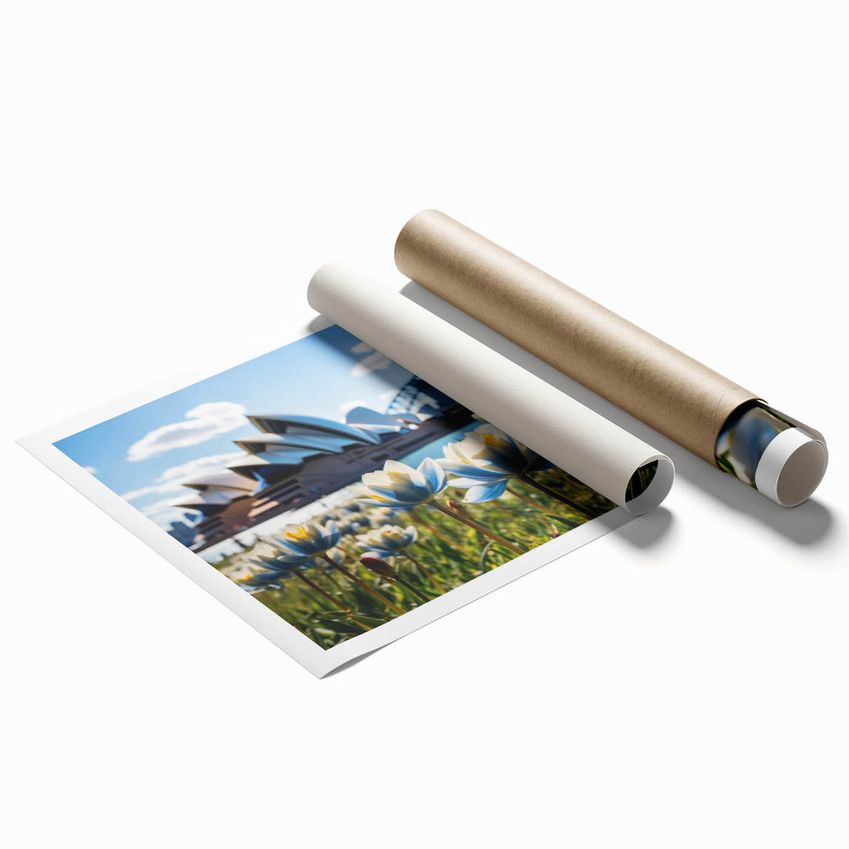 Rolled print of Sydney scenery with soft pastel hues, ideal for classy bathroom wall art.