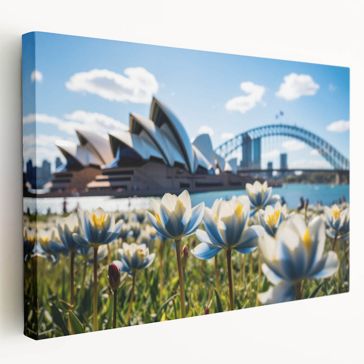 Sydney skyline depicted in muted blue and gray tones on a large stretched canvas, suitable for kitchen wall art.