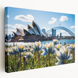 Sydney skyline depicted in muted blue and gray tones on a large stretched canvas, suitable for kitchen wall art.