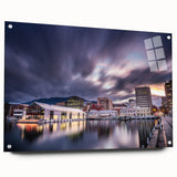 Acrylic print of a serene Tasmanian landscape in muted earth tones, suitable for bedroom or dining room decor.