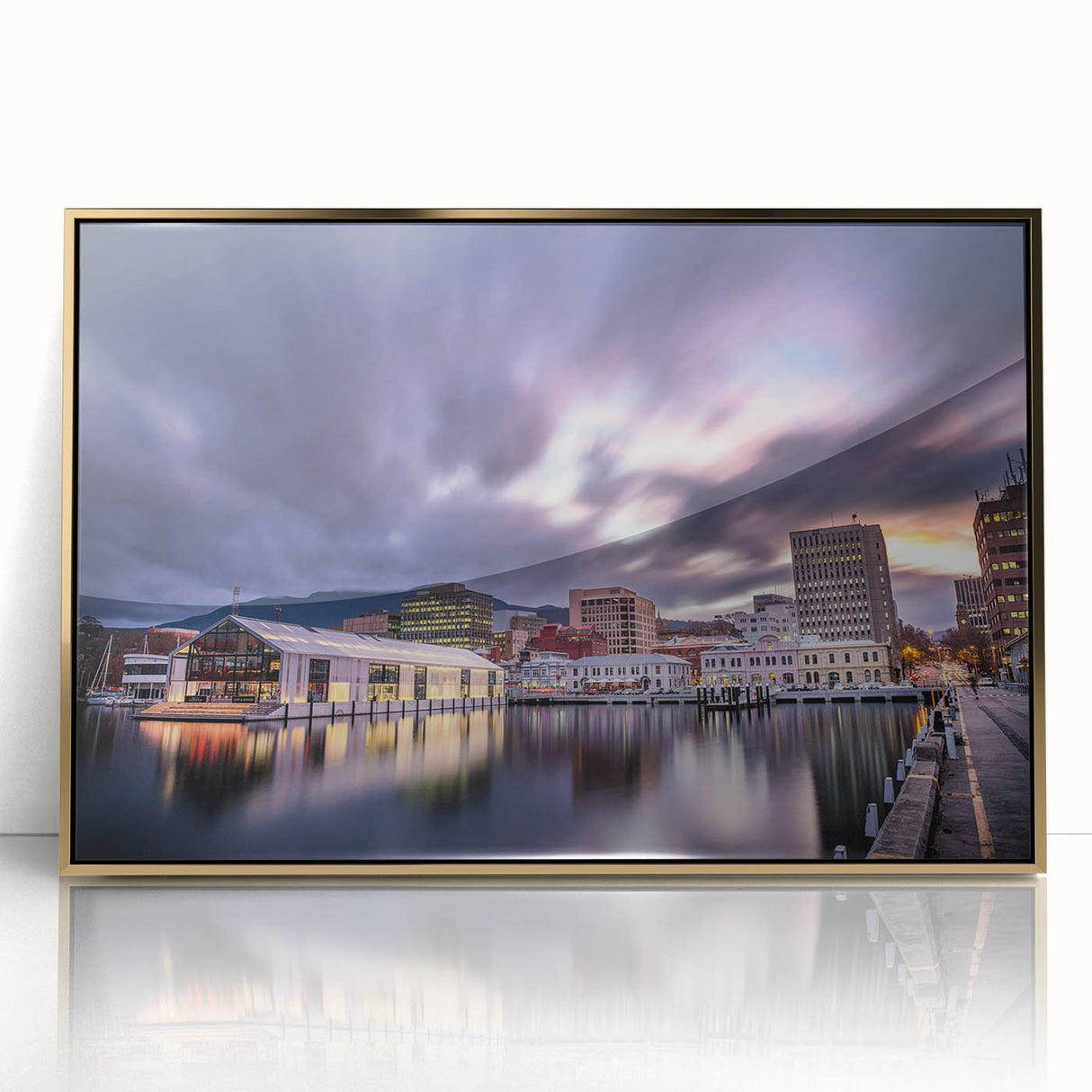 Framed acrylic print of a Tasmania landscape in art deco style, with muted earth tones, ideal for modern art wall decor.