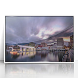 Mid-century modernist art depicting Tasmania landscape in muted green and blue tones, framed acrylic print.