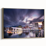Vintage poster art of Tasmania scenery on extra large framed canvas, featuring vibrant colors against a black background.