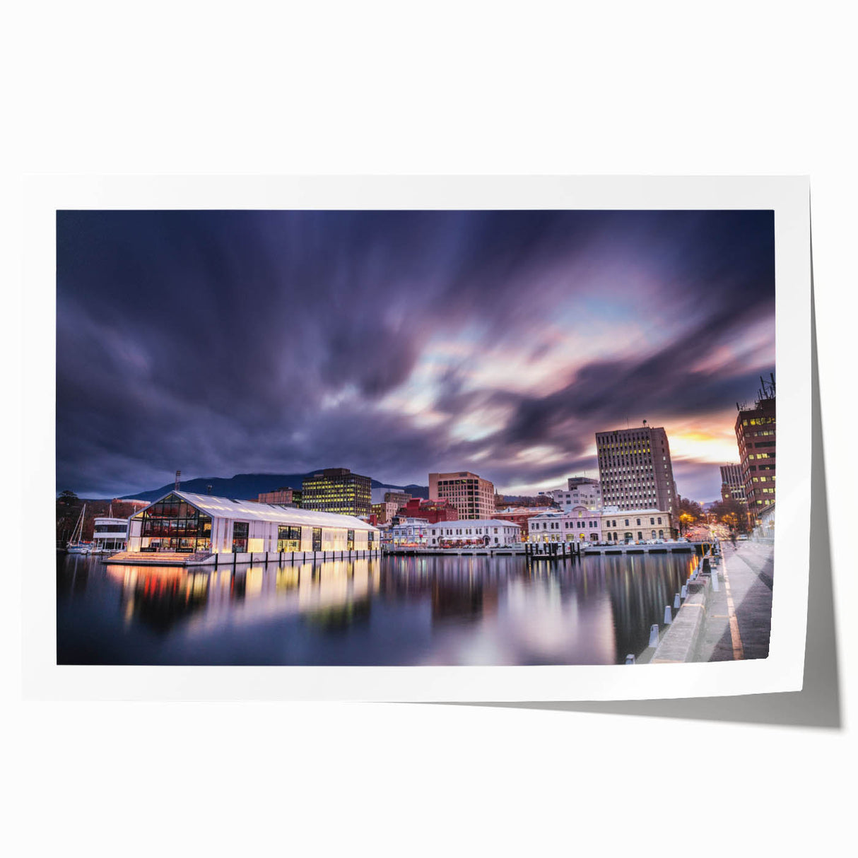 Rolled print of a serene Tasmanian landscape in soft green and blue tones, suitable for art wall dining room.