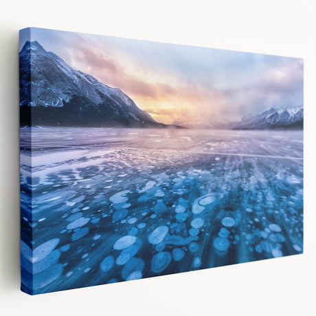 Scenic Alberta landscape on large stretched canvas, featuring vibrant green and blue tones, ideal for kitchen wall art.