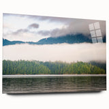 Large abstract wall art of British Columbia scenery in muted green and blue tones on acrylic glass.