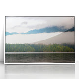 Framed acrylic print of a British Columbia landscape, featuring muted green and blue tones, ideal for modern art wall decor.