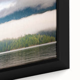 Extra large framed canvas featuring a textured depiction of British Columbia scenery in black with colorful art accents.