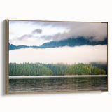 Framed canvas featuring a vintage-style landscape painting of British Columbia, in muted gold and black tones.