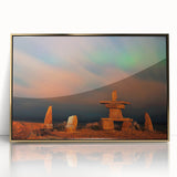 Large art print of a serene Manitoba landscape in muted earth tones, framed in gold acrylic.