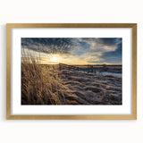 Extra large abstract art print of a textured Canadian New Brunswick landscape in muted earth tones, framed in gold.