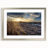 Textured abstract art print of New Brunswick scenery in muted earth tones, framed in silver, ideal for bedroom art.