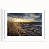Abstract art print of New Brunswick scenery in muted earth tones, framed with a white mat, suitable for dining room decor.