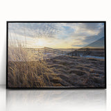 Large abstract wall art depicting a serene New Brunswick scenery in muted earth tones on a framed acrylic.