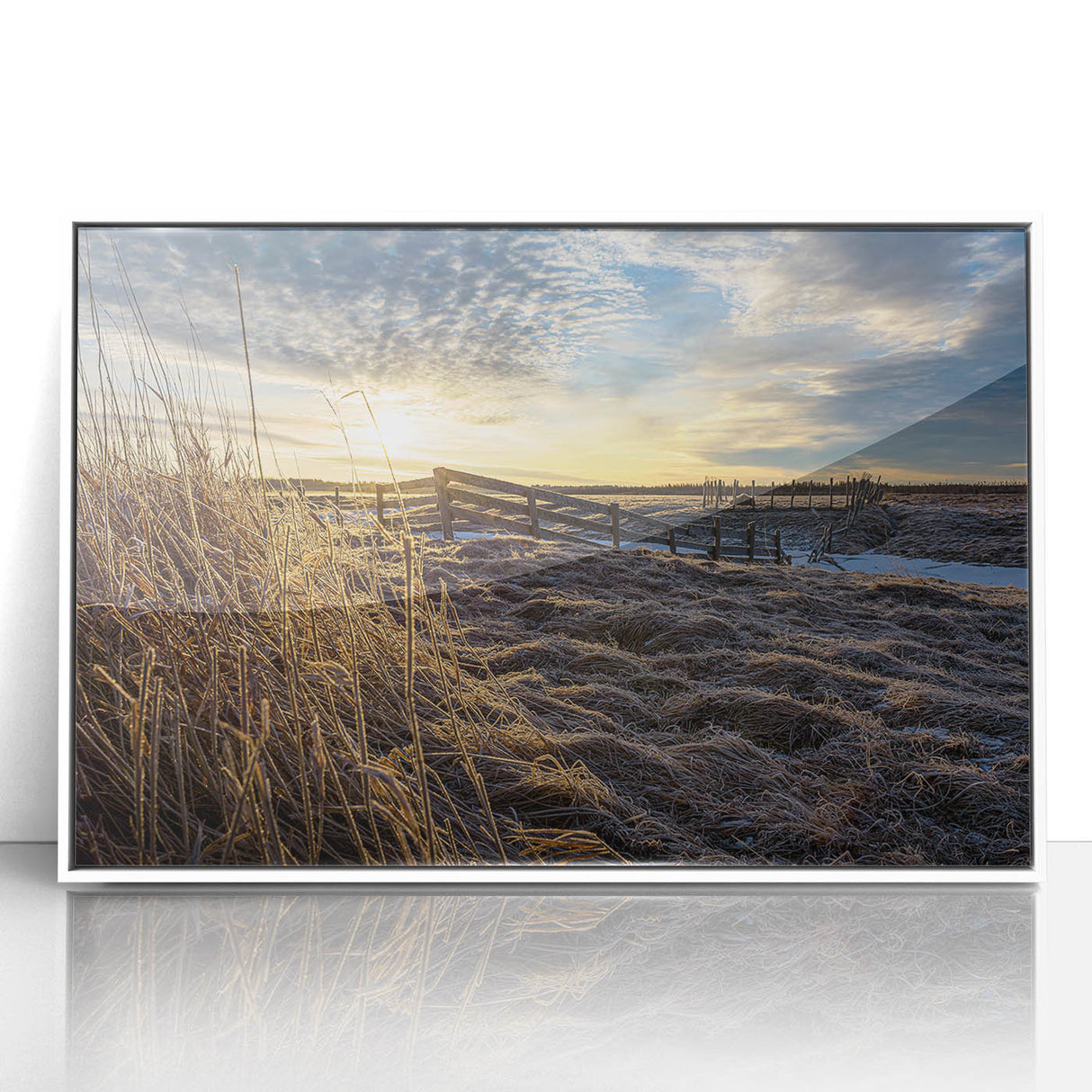 Modern art wall decor featuring a serene New Brunswick landscape in muted greens and blues, acrylic print framed in white.