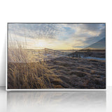 Modern art wall decor featuring a serene New Brunswick landscape in muted greens and blues, acrylic print framed in white.