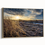 Framed canvas depicting a serene New Brunswick landscape in muted earth tones, ideal for bedroom wall art.