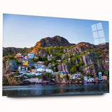 Large abstract wall art depicting a Newfoundland scenery in muted blue and gray tones on acrylic glass.