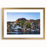 Extra large abstract art print of a textured Canadian Newfoundland scenery in muted earth tones, framed with a gold mat.
