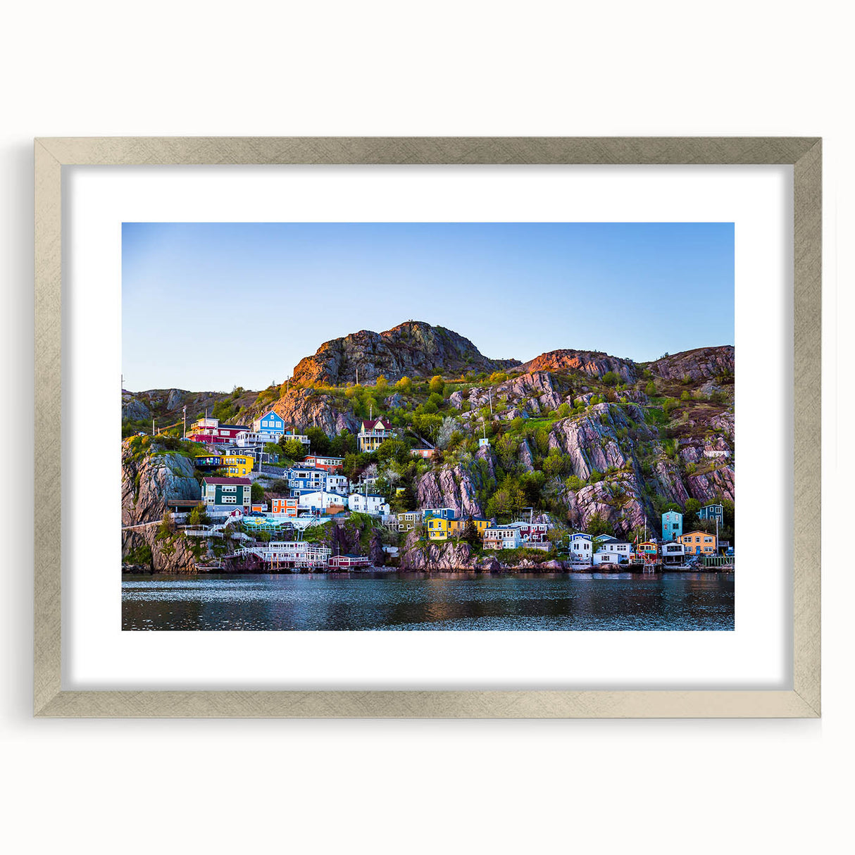Textured abstract art print of Newfoundland scenery in muted earth tones, framed with a silver mat, ideal for bedroom art.