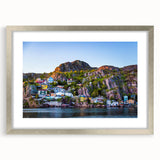 Textured abstract art print of Newfoundland scenery in muted earth tones, framed with a silver mat, ideal for bedroom art.