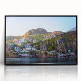 Large abstract wall art depicting a Newfoundland scenery in muted earth tones on a framed acrylic.