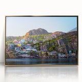 Large art print of a Newfoundland landscape in muted earth tones on framed acrylic, ideal for modern art wall decor.