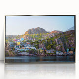 Mid-century modernist art depicting a serene Newfoundland landscape in muted earth tones, framed in silver acrylic.