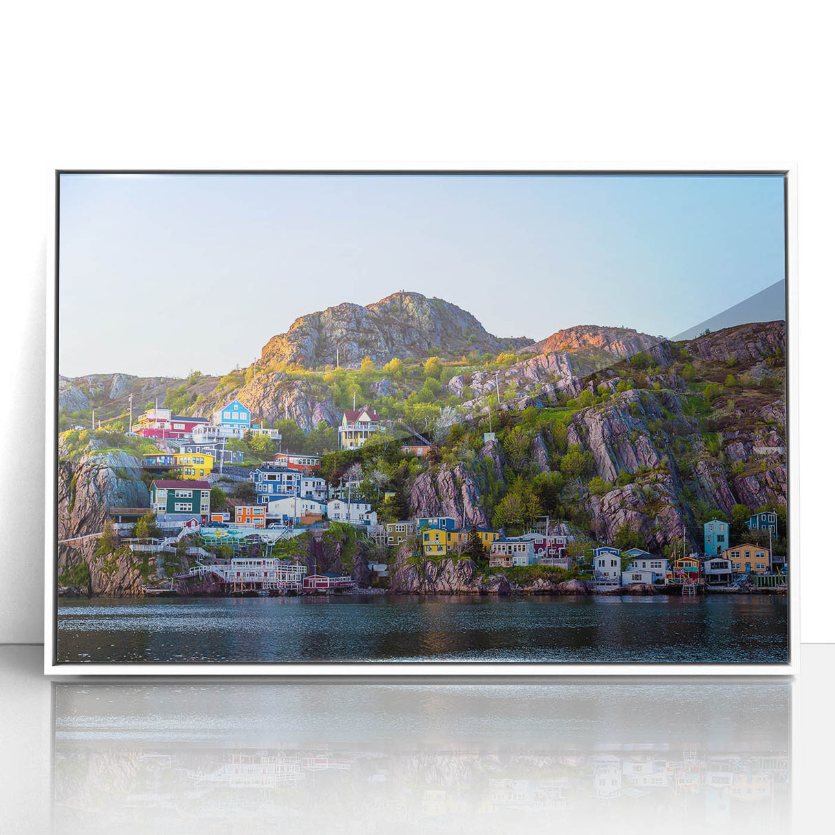Framed acrylic print of a Newfoundland scenery in pastel colors, ideal for modern nursery wall decor.