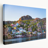Scenic Newfoundland landscape on large stretched canvas, featuring muted blue and green tones, ideal for kitchen wall art.