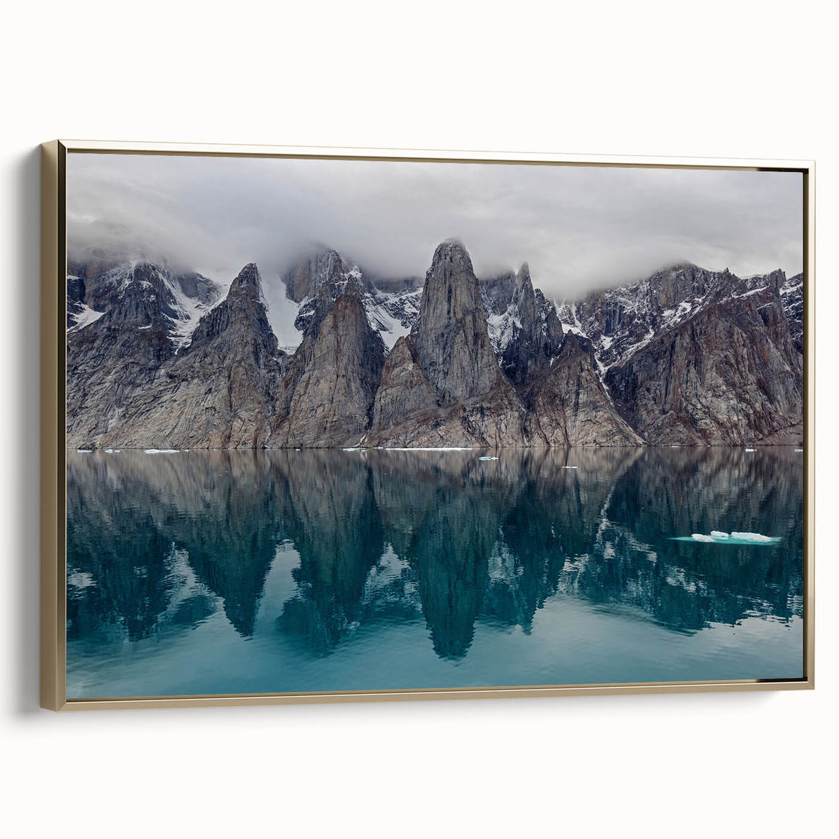 Framed canvas featuring a vintage-style landscape painting of Northwest Territories, with black and gold tones.