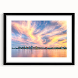 Extra large framed print of a colorful, abstract Nova Scotia scenery in vibrant hues, ideal for living room decor.