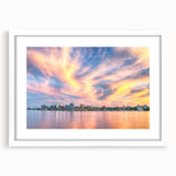 Abstract art print of Nova Scotia scenery in muted earth tones, framed with a white mat, suitable for dining room decor.