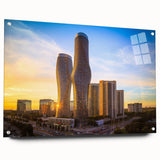 Acrylic print of an abstract landscape with vibrant blue and green hues, ideal for dining room decor.