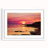 Abstract art print of a serene Prince Edward Island landscape in muted blue and green tones, framed with a white mat.