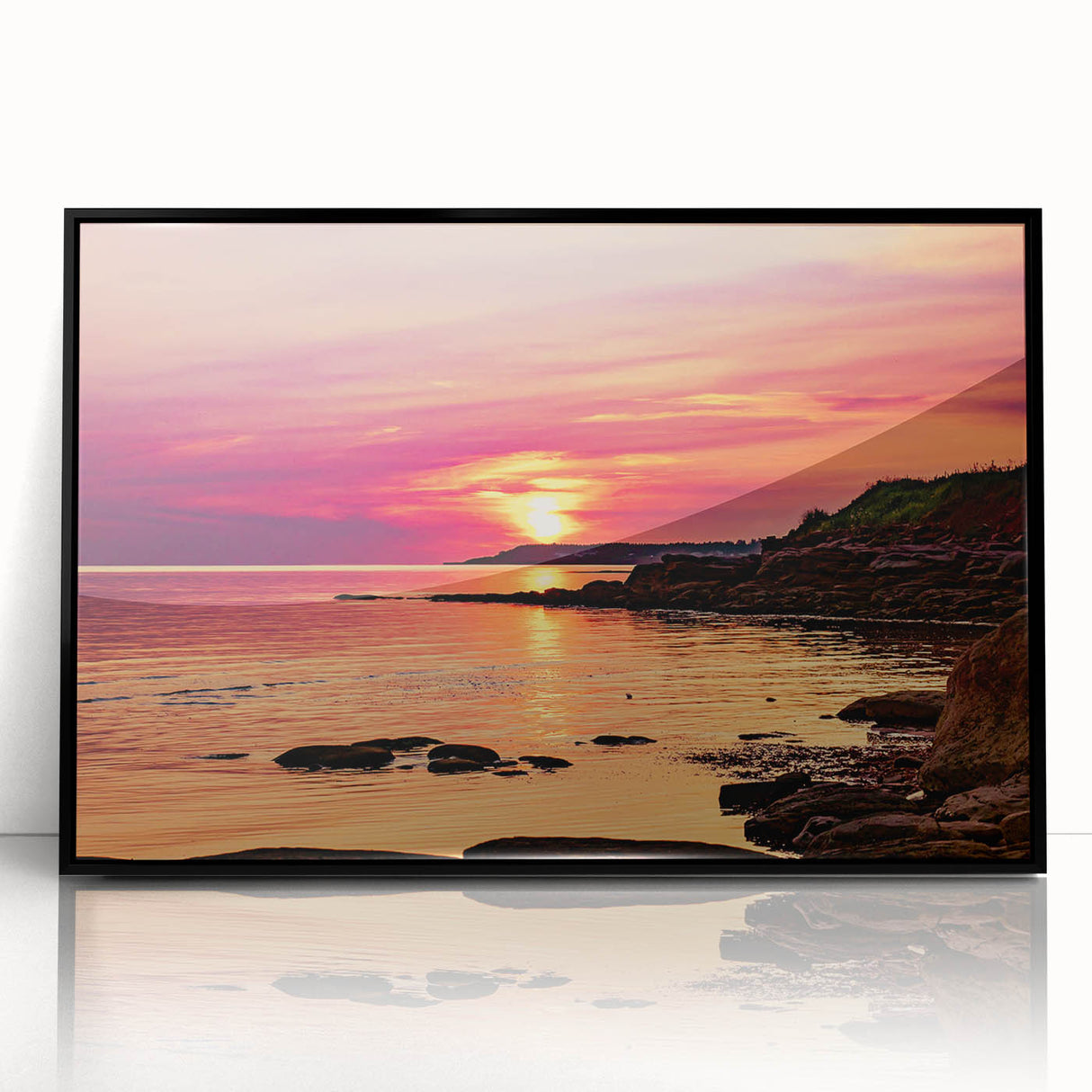 Large abstract wall art depicting a serene Prince Edward Island scenery in muted earth tones, framed in black acrylic.