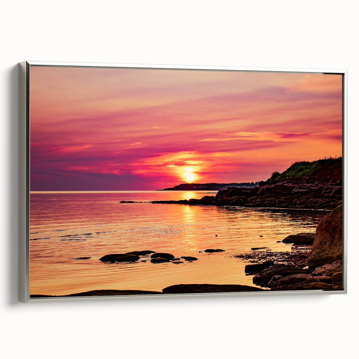 Landscape art painting of Prince Edward, Canada on framed canvas, featuring vibrant colors against a black backdrop.