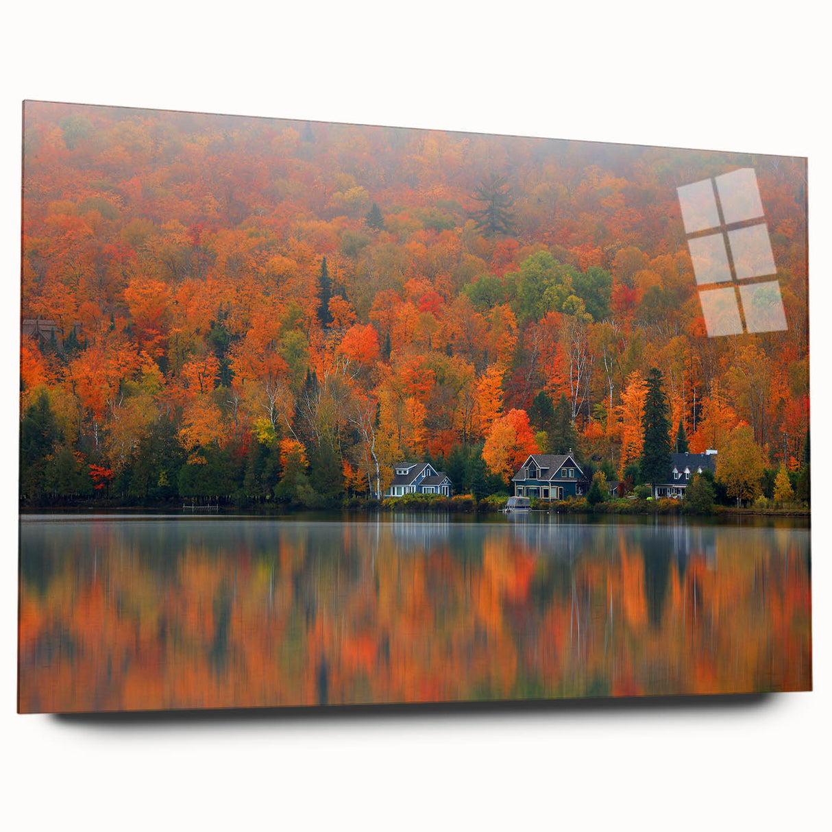 Acrylic print of a large abstract depiction of Quebec scenery in muted blues and greens.