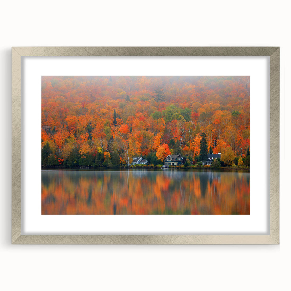 Textured art print of an abstract Quebec scenery in silver frame, using cool blue and gray tones, ideal for bedroom art.