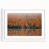 Abstract art print of Quebec scenery in muted blue and gray tones, framed with a white mat, ideal for dining room decor.