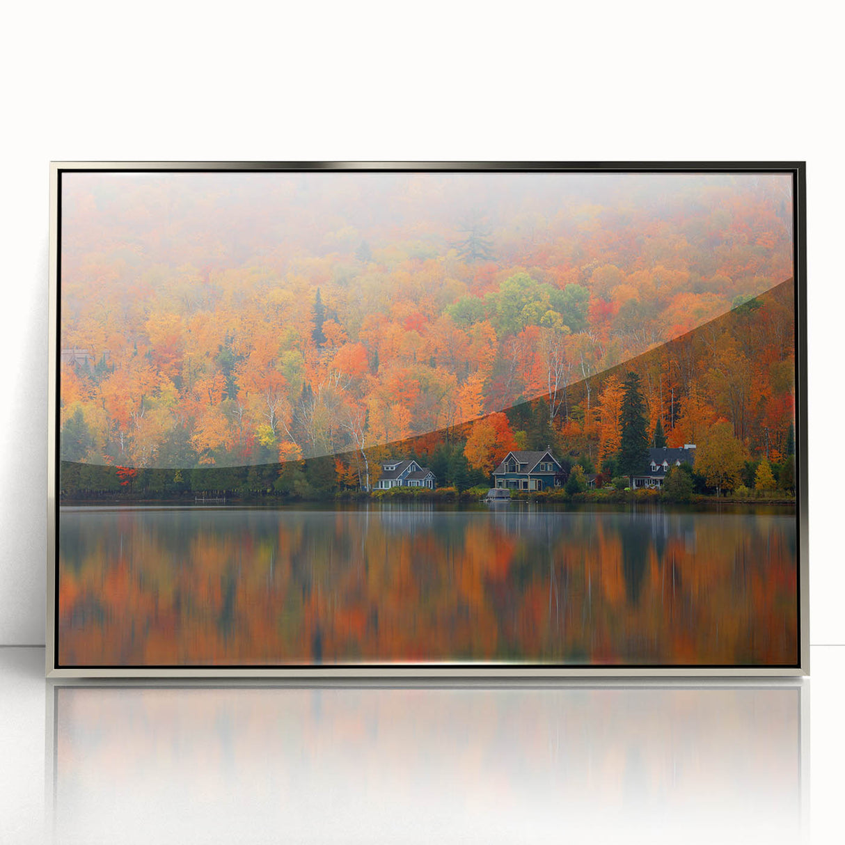 Mid-century modernist art depicting Quebec scenery in silver-framed acrylic, ideal for nursery wall art.