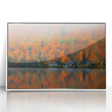 Art deco poster of Quebec scenery in muted blue and white tones, acrylic framed, ideal for modern nursery wall decor.