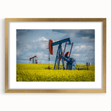 Extra large abstract art print depicting textured scenery of Saskatchewan, in gold frame with mat.
