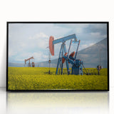 Large abstract wall art depicting a Saskatchewan scenery in muted earth tones, framed in black acrylic.