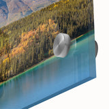 Mid-century modernist large abstract wall art of Yukon scenery on acrylic glass, in cool blue and green tones.