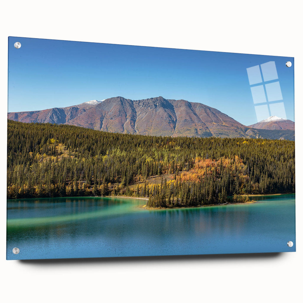 Large abstract wall art of Yukon scenery in muted earth tones on acrylic glass, ideal for bedroom or dining room decor.