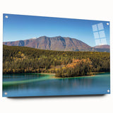 Large abstract wall art of Yukon scenery in muted earth tones on acrylic glass, ideal for bedroom or dining room decor.