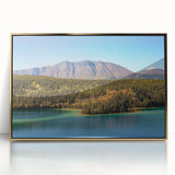 Framed acrylic print of a Yukon scenery, featuring earth tones and mid-century modernist style.