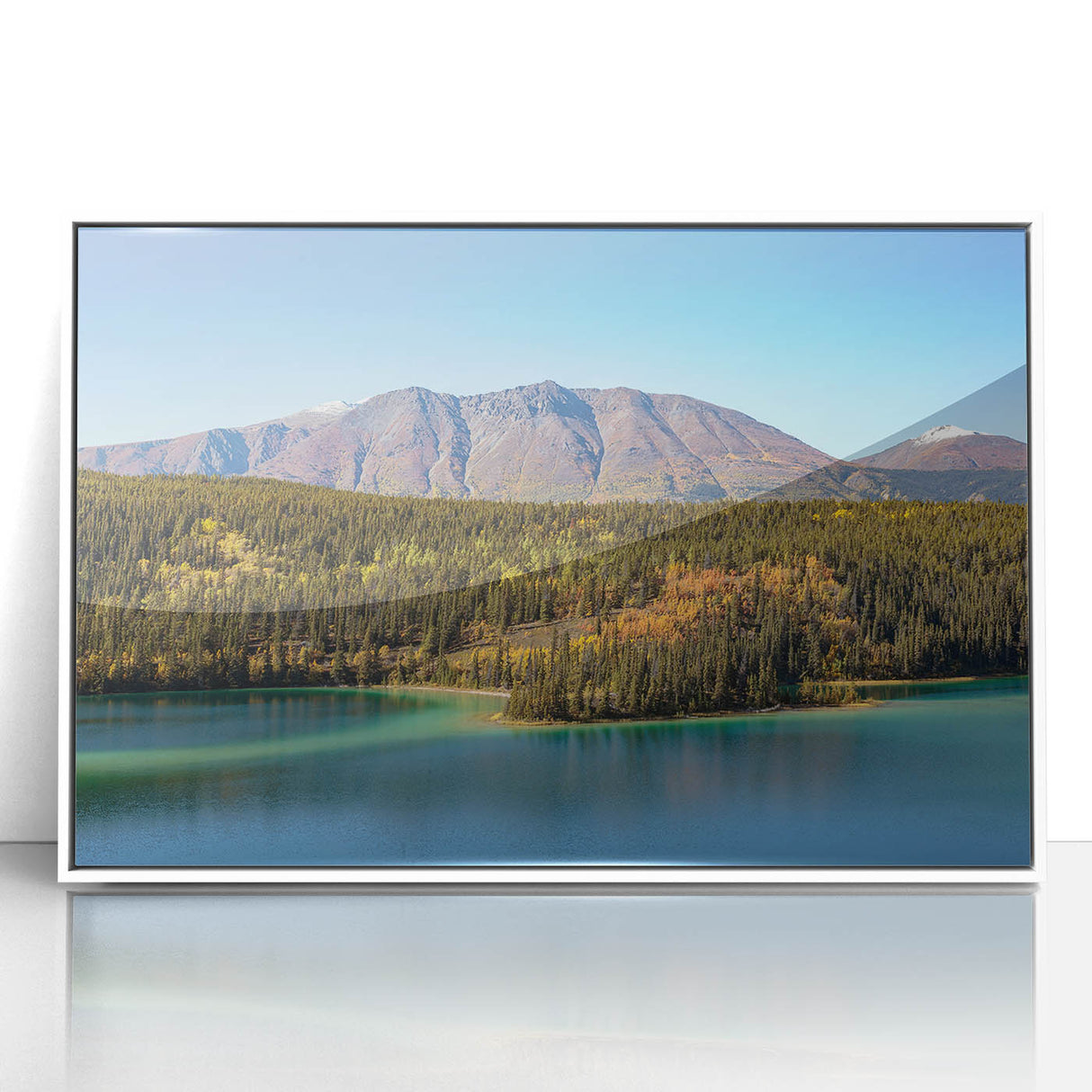 Modern art wall decor featuring a serene Yukon landscape in pastel shades on a white framed acrylic.
