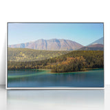 Modern art wall decor featuring a serene Yukon landscape in pastel shades on a white framed acrylic.
